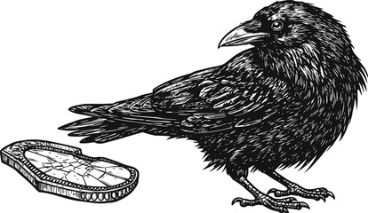 Fototapeta premium Raven standing next to a broken mirror shard, detailed black and white illustration