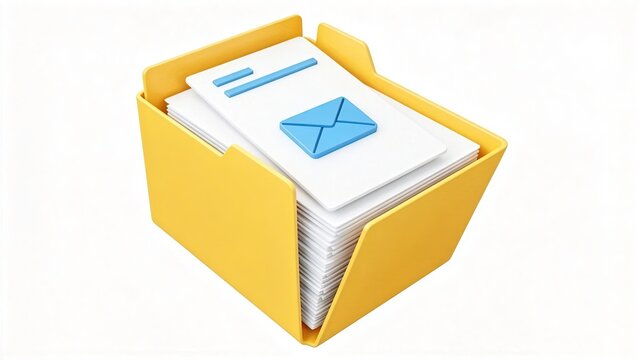 3D Illustration Of A Yellow Folder With Stacked Papers And A Blue Envelope Icon Symbolizing Digital Communication Email Management And Organized Data Storage For Business And