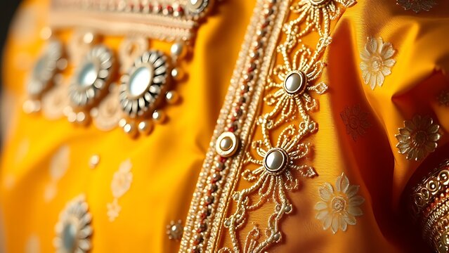 shockabsorber. Close-up of a traditional garment with intricate mirror work and silk embroidery. STEM education sheets, lab safety posters, designed for biotech research communications.