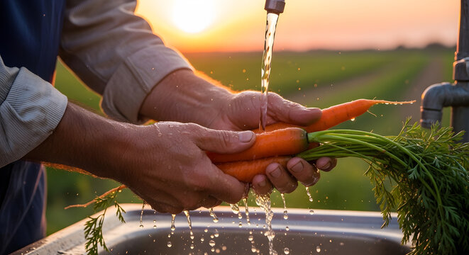 Close up of a farmer cleaning organic carrots with green tops under a tap with a beautiful golden sunset in the background