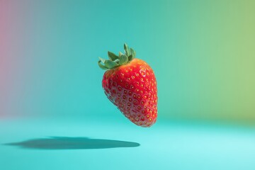 Floating Strawberry with Teal Backdrop and Soft Gradient Lighting Still Life