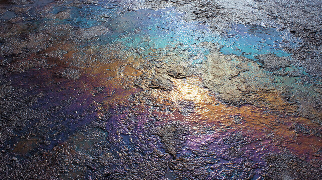 An iridescent oil slick spreads across a rough asphalt surface, reflecting shimmering colors in a textured, wet environment.