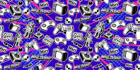Gaming background vector and illustrations. Retro video game elements in graffiti style 