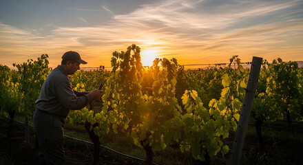 Naklejka premium Profile view of an elderly worker using shears to prune green grape leaves in a vast vineyard during golden hour