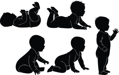 A collection of black silhouette illustrations depicts a baby s development through various stages from crawling to standing upright high quality © GolamKibria