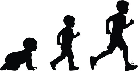 a silhouette illustration depicts the stages of human development from infant crawling to a boy running symbolizing growth high quality professional © GolamKibria
