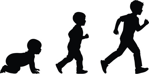 A striking black silhouette showcases the progression of human development from infant crawling to a child running freely high quality professional © GolamKibria
