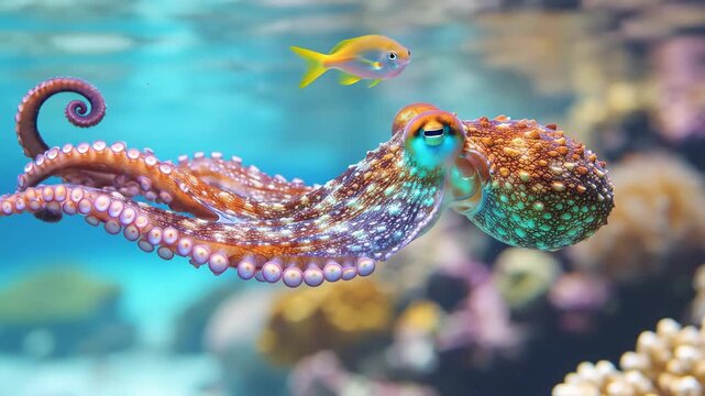 Underwater Octopus and Fish Swimming in the Ocean with Coral Reefs.