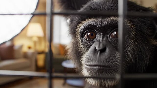 Chimpanzee in a cage looking at the camera with a sad expression.