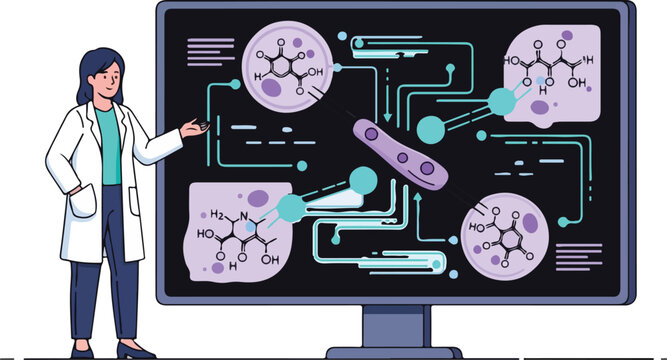 A scientist explains molecular structures on a computer screen in a laboratory setting with diagrams.