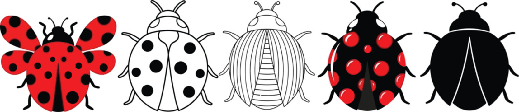 a collection of six different ladybug illustrations showcasing varying styles from fully colored to grayscale and outlined designs high quality professional