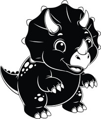 a charming black and white illustration depicts a friendly triceratops dinosaur playfully posed with a cute expression and spotted details © GolamKibria