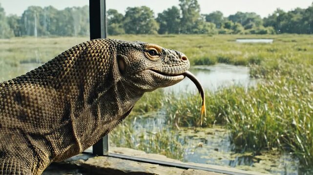 Large monitor lizard observing the natural environment through a window.