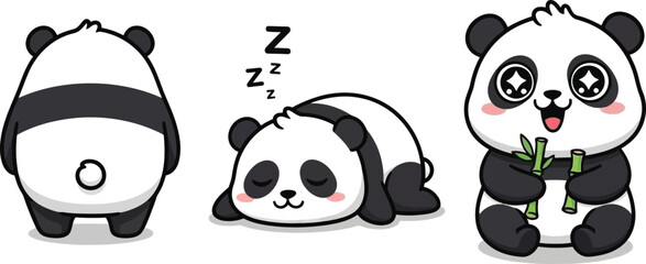 three adorable cartoon pandas are depicted in varying poses showcasing a sleeping panda a relaxed panda and a cheerful panda with bamboo © GolamKibria