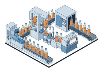Obraz premium Industrial production line for bottling beverages, automated machinery, and conveyor belts