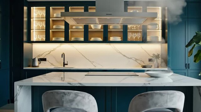 Modern luxury kitchen interior with navy blue cabinetry and marble island