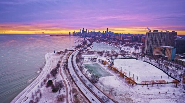 Drone shot showcasing Chicago&rsquo;s Loop skyline during a winter morning.