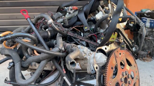 Car engine block with wiring hoses and flywheel exposed during repair inside automotive workshop under natural daylight. Mechanical maintenance scene suitable for industry training marketing or video