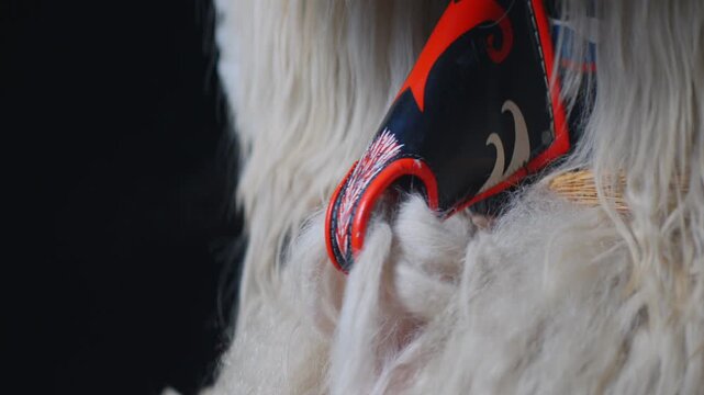 Close up of traditional Kurent carnival mask during Pust folklore festival in Slovenia