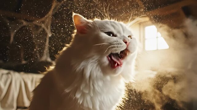 Adorable white cat in a sunlit room, enjoying the warmth and light.