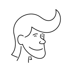 Happy man character icon with a big smile and unique trendy hairstyle. Minimalist line art vector illustration for user profile, avatar, and social media identity. Isolated on white background.
