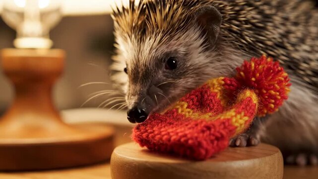 Adorable Hedgehog with a Tiny Knitted Scarf and a Wooden Base.