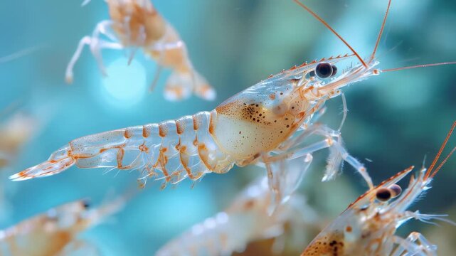 Close-up of a group of small shrimp swimming in the water.
