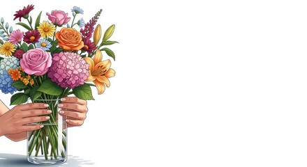 Obraz premium Colorful bouquet of flowers held in hands on white background, copy space 
