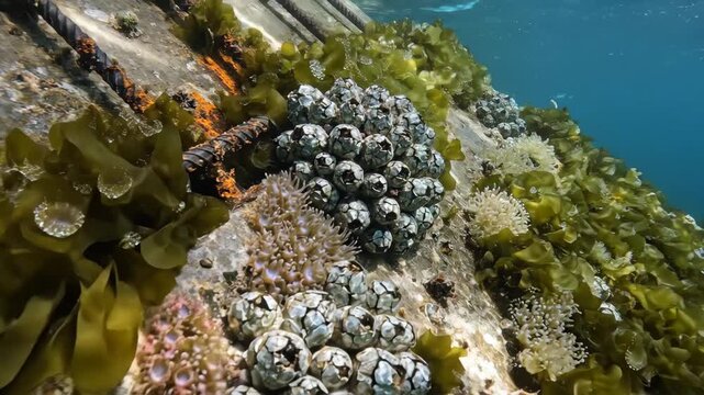 Underwater close-up of barnacles and seaweed on a rock surface.