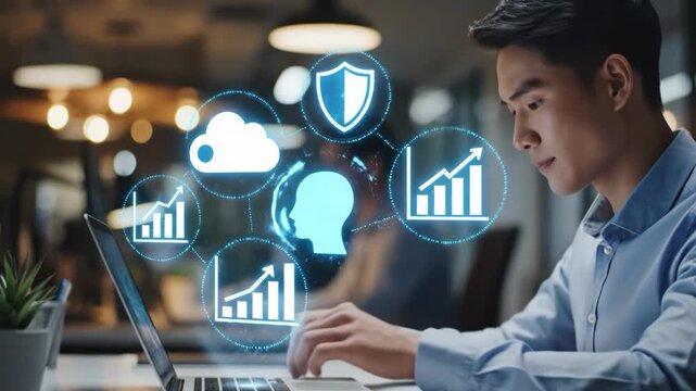 Man working on laptop with glowing digital security and data icons overlay