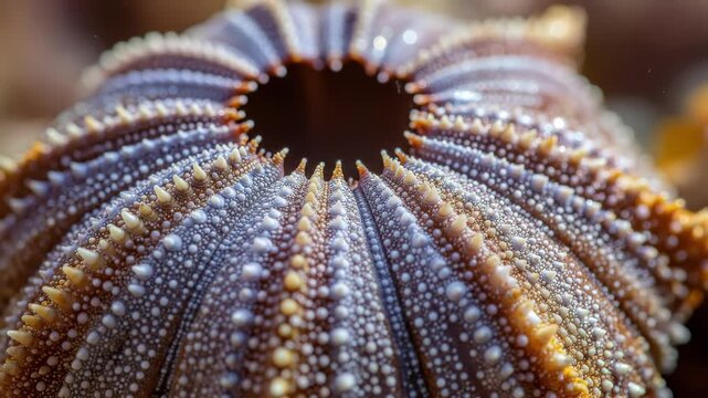 Close-up of a beautiful sea urchin shell with intricate patterns and textures.