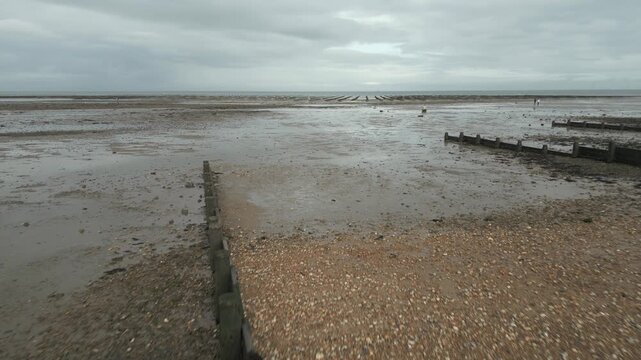 Whitstable Beach Oyster Farm Sea Defence Drone View Aerial UK Low Tide