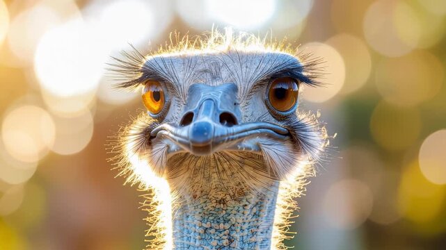 Close-up of an ostrich looking directly at the camera with a curious expression.