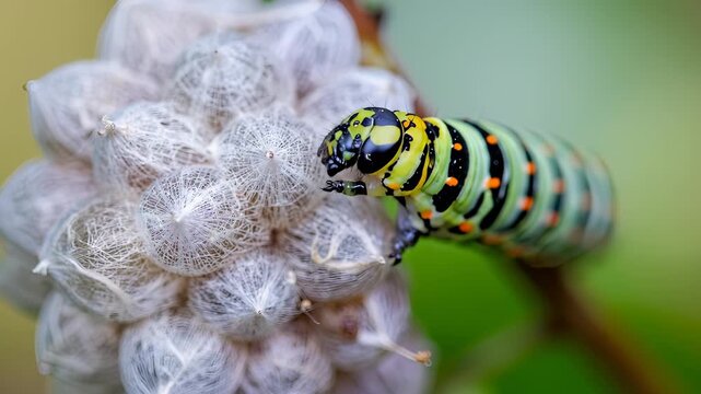 Caterpillar munching on a plant, close-up shot of a colorful insect.