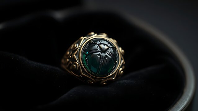 khepri. Ornate scarab beetle gemstone seal ring on black velvet with detailed carving. wildlife magazines, conservation campaigns, designed for eco-tourism storytelling, used by recruiters.