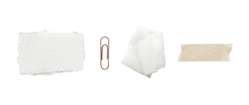 Deckled edge paper with rose gold paperclip folded tracing paper and masking tape on a transparent background