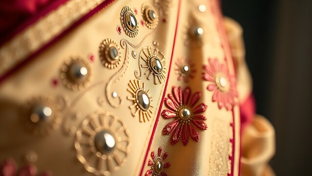 shockabsorber. Close-up of a traditional garment with intricate mirror work and silk embroidery. STEM education sheets, lab safety posters, designed for biotech research communications.