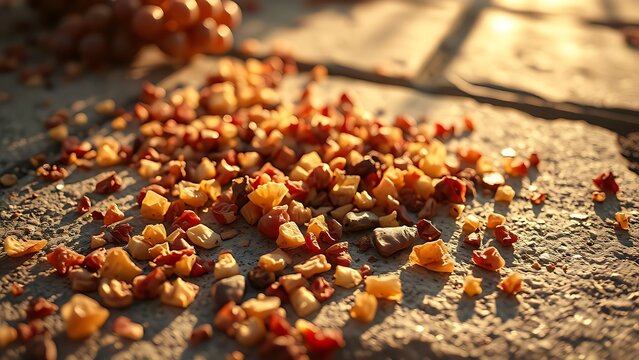 pomace. Dried grape pomace fragments scattered on sunlit stone slabs. menu design, packaging mockups, designed for culinary blogs and recipe cards for restaurants, used by videographers.