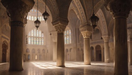 Obraz premium Grand interior of a building with ornate columns, arched ceilings, and stained glass windows