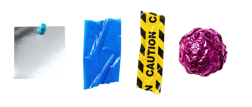 Silver pinned square blue plastic wrap caution tape and pink foil ball on a transparent background