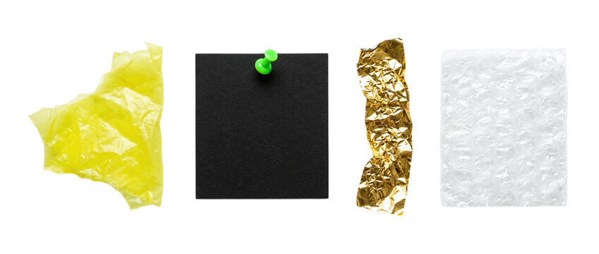 Torn yellow plastic wrap black pinned note gold foil and bubble wrap on a transparent background