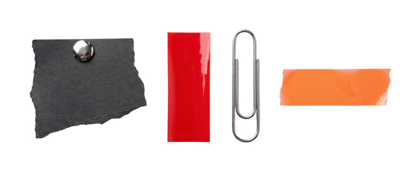 Torn black paper with silver pin red glossy tape giant paperclip and orange strip on a transparent background
