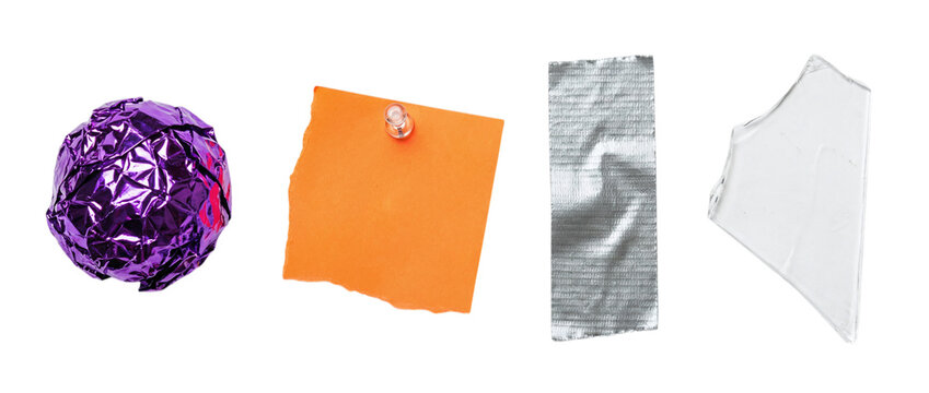 Purple crumpled foil orange pinned note silver duct tape and clear shard on a transparent background