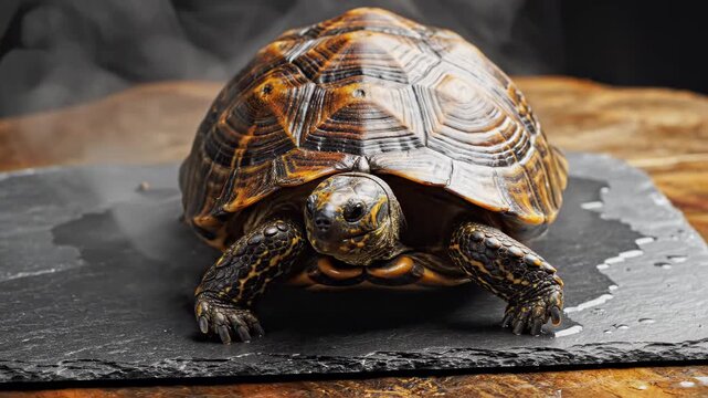 A Close-Up View of a Turtle on a Slate Surface.