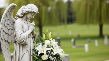 Fototapeta premium Angel Statue in Cemetery: An angelic statue stands gracefully, a symbol of remembrance and solace, against a backdrop of peaceful tombstones and lush greenery in a quiet cemetery.