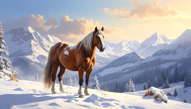 A majestic equine with brown and white markings stands in a snowy landscape. Mountain peaks and a sunny sky comprise its background