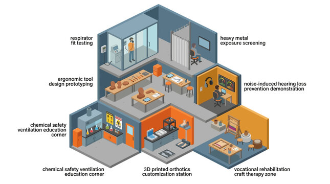 Isometric Industrial Safety Training Center with Respirator Testing, Ergonomic Design Lab, Chemical Safety, Hearing Loss Prevention, 3D Printed Orthotics, and Vocational Rehabilitation Workshop
