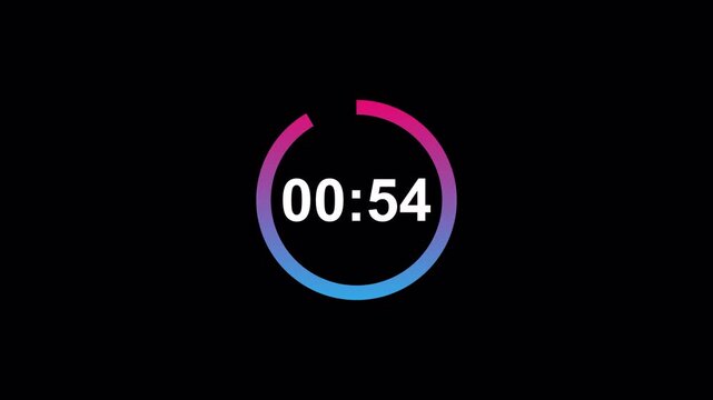 One minute countdown timer animation from 10 seconds to 0 seconds on a transparent background, One minute countdown timer with alpha channel