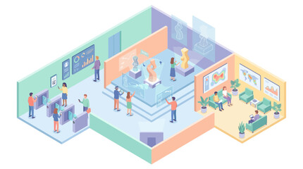 Fototapeta premium Isometric Smart Factory Industry 4.0 Automation with Workers Monitoring Robotic Arms and AI Data Analytics Dashboard in Modern Manufacturing Plant