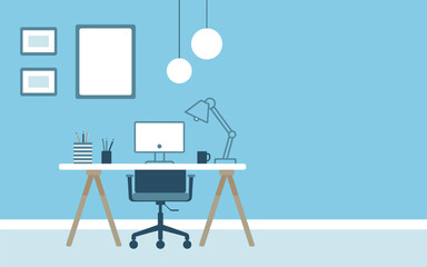 Fototapeta premium Minimal Home Office Workspace with Computer and Desk Lamp. Stylish Home Office Interior with Computer Workspace.